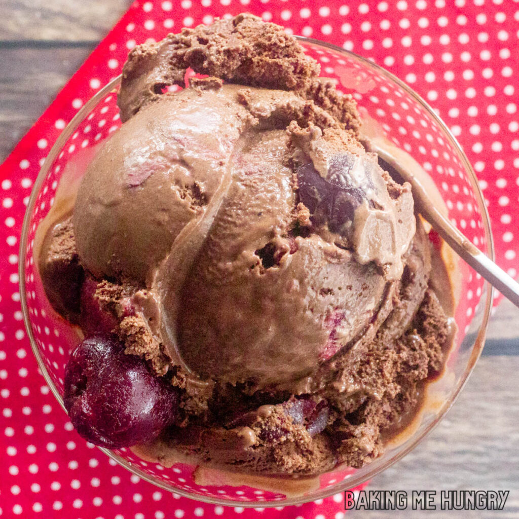 close up of black forest ice cream in bowl