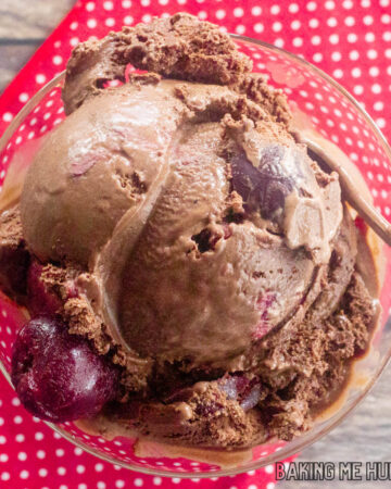 close up of black forest ice cream in bowl