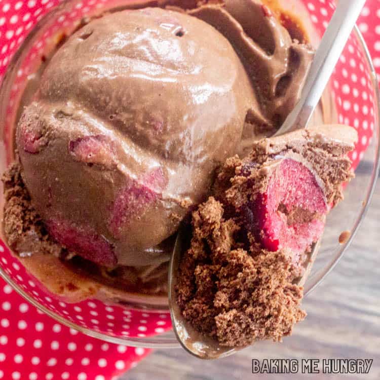 bite of black forest ice cream on a spoon