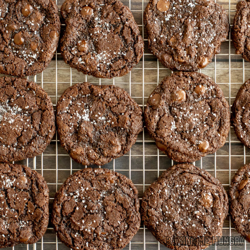 salted brownie cookies on cooling rack