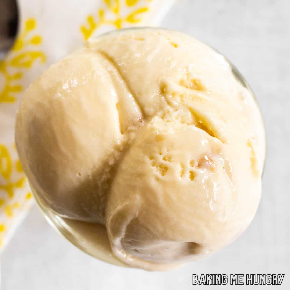 scottish tablet ice cream scooped into bowl seen from overhead