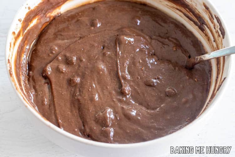 thick chocolate batter in bowl with spoon