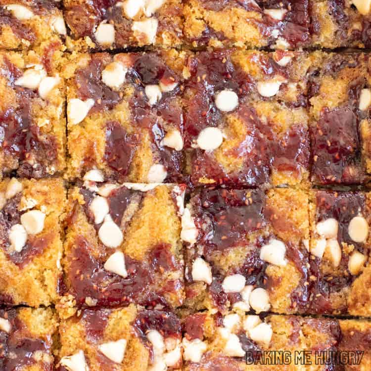 pan of White Chocolate and Raspberry Blondies cut into squares