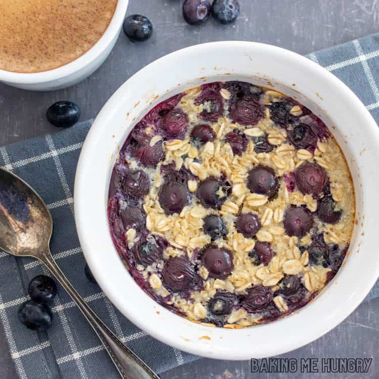 baked oats for one in a bowl with blueberries