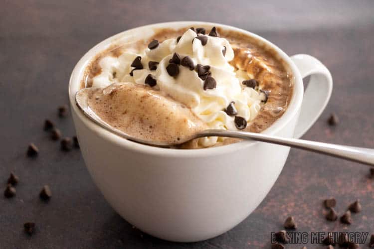 hot chocolate with chocolate chips topped with whipped cream in large mug with spoon