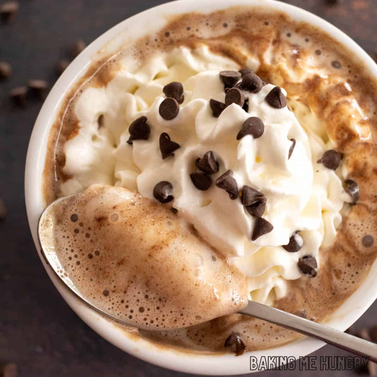 hot chocolate with chocolate chips topped with whipped cream in large mug
