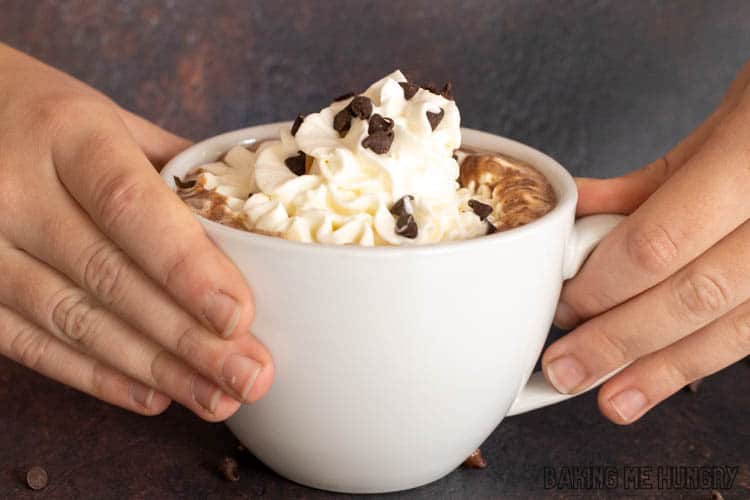 hands holding chocolate chips hot chocolate in mug topped with whipped cream and mini chocolate chips