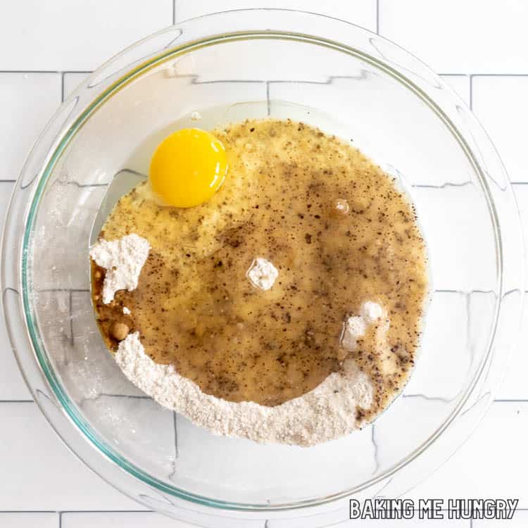 wet ingredients added to bowl