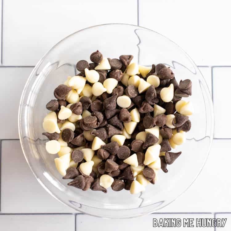 bowl with three types of chocolate chips
