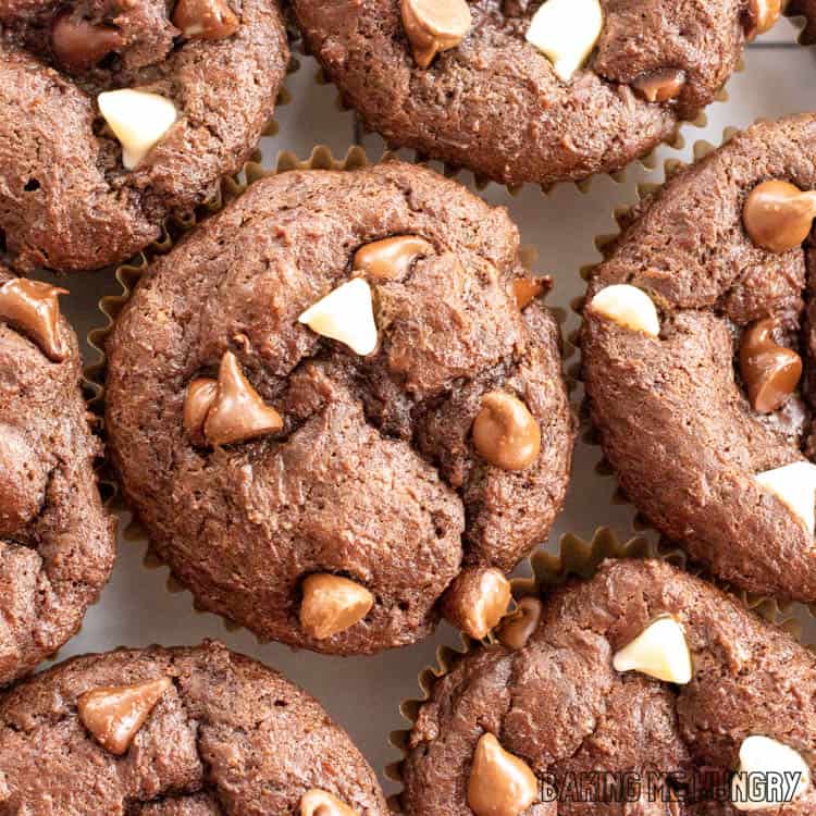 overhead shot of triple chocolate muffins