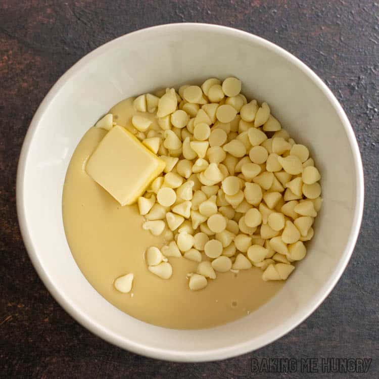 bowl with white chocolate chips and sweetened condensed milk