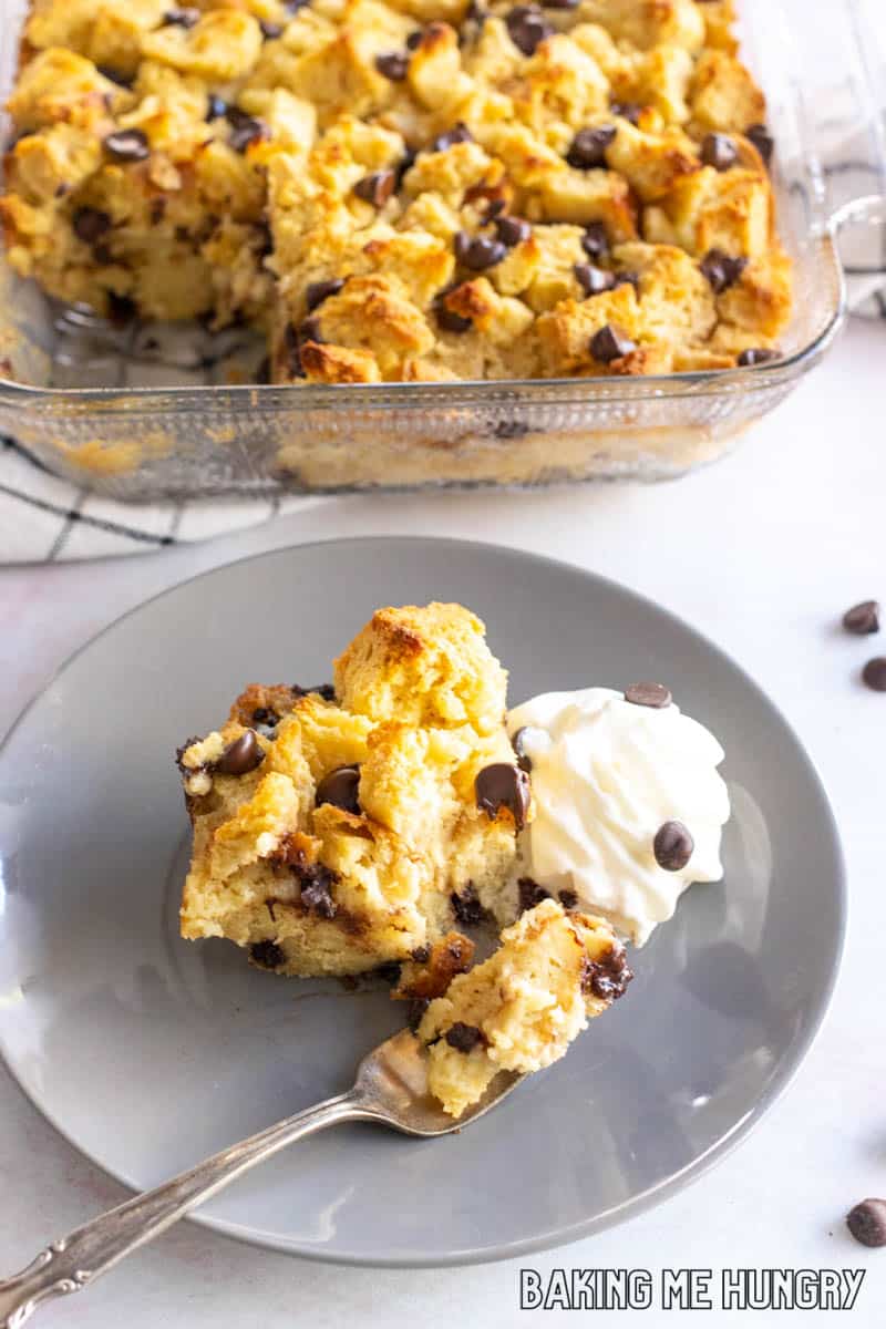 overhead shot of the chocolate bread pudding in the baking dish and on a plate