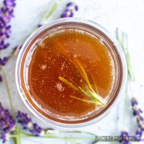 honey lavender syrup in small jar seen from overhead
