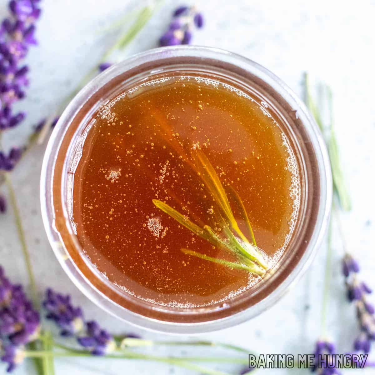overhead shot of honey lavender syrup in small jar