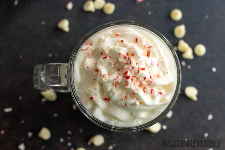 overhead shot of starbucks peppermint white hot chocolate