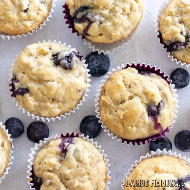 Banana Blueberry Oatmeal Muffins on white surface