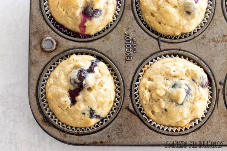 Banana Blueberry Oatmeal Muffins in baking pan