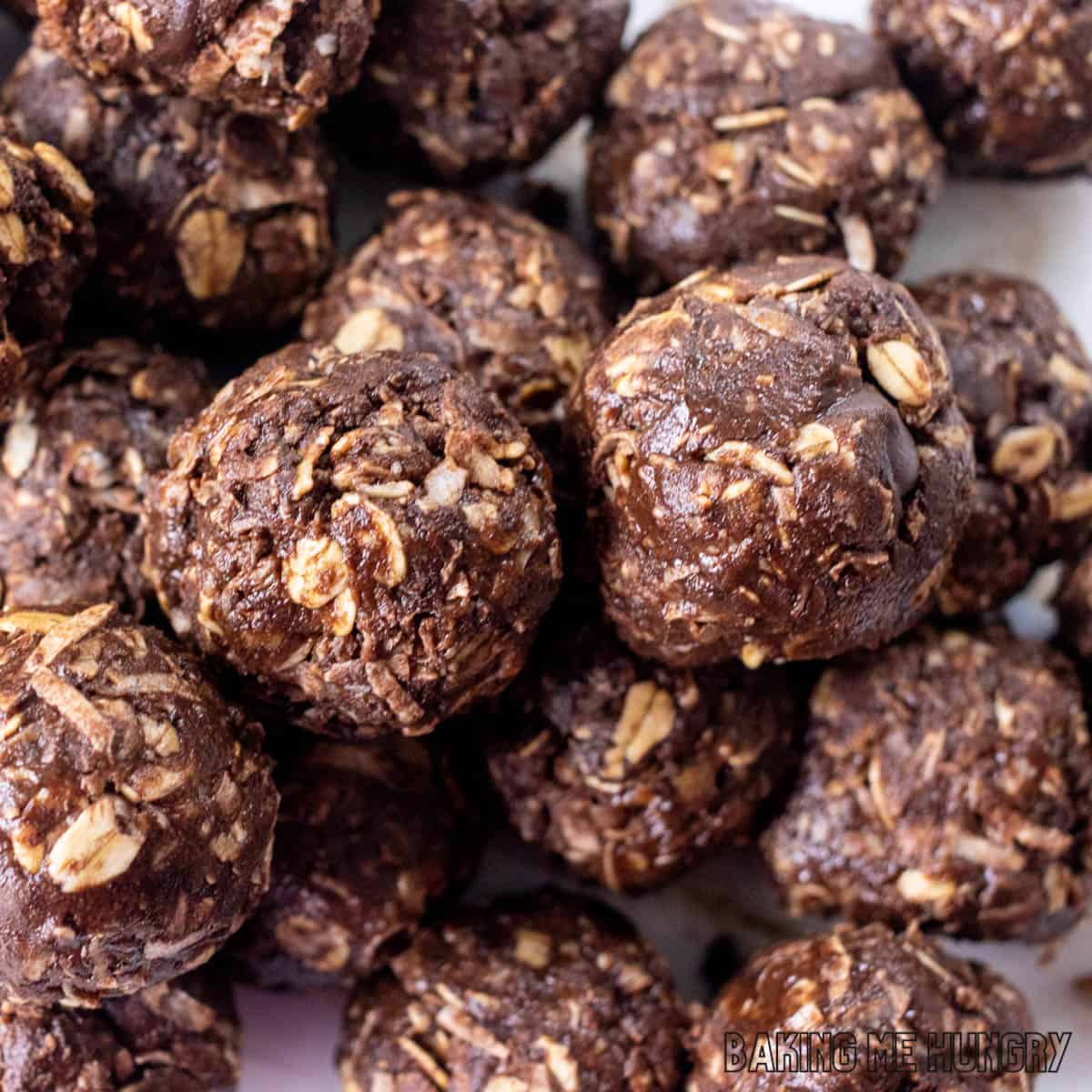 close up of Chocolate Peanut Butter Oatmeal Balls