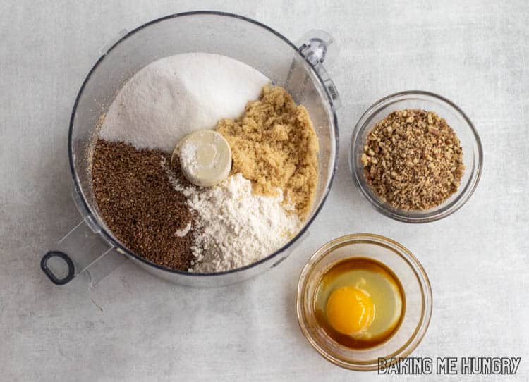 ingredients in food processor and small bowls