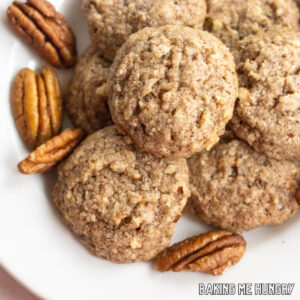 brown butter pecan cookies recipe close up on white plate