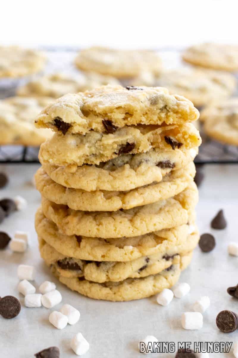 side view of chocolate chip marshmallow cookies in a stack