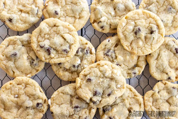 cooling rack with chocolate chip marshmallow cookies