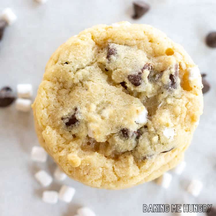 close up on a stack of chocolate chip marshmallow cookies from the top