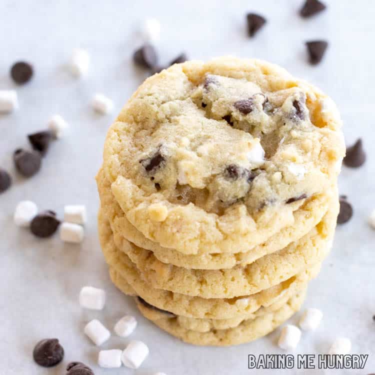 stack of chocolate chip marshmallow cookies from overhead