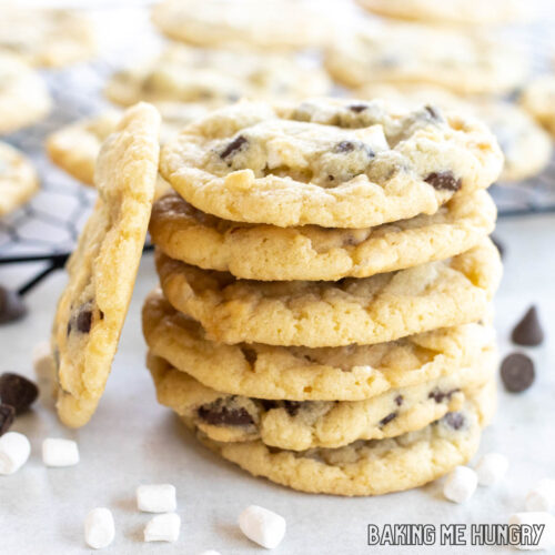 chocolate chip marshmallow cookies recipe in a stack with one leaning