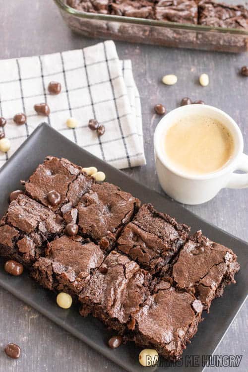 plate with brownies and the baking dish from the espresso brownies recipe