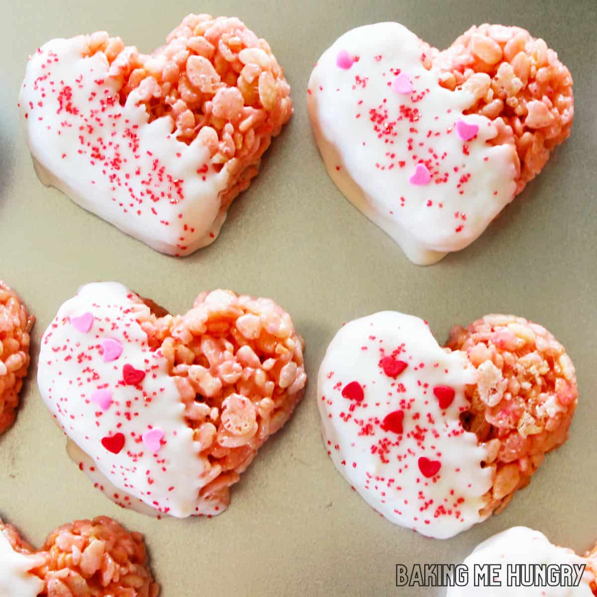 valentines day rice krispie treats close up on tray