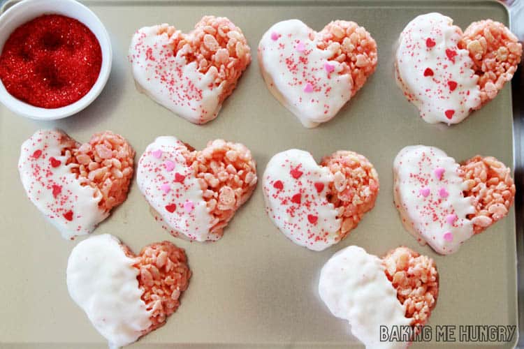 hearts from the valentines rice krispie treats recipe on baking sheet