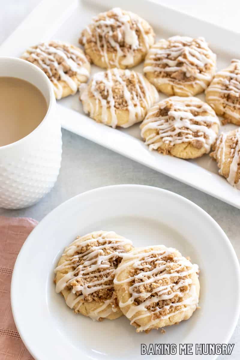 cookies from the coffee cake cookie recipe on a serving tray and close up on a small plate