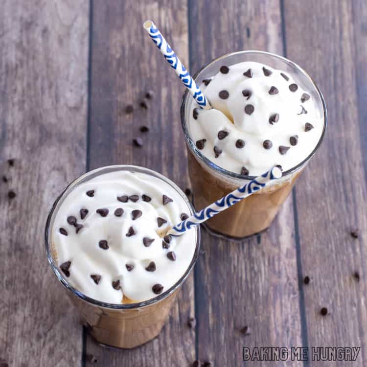 overhead shot of 2 glassed of mocha iced coffee recipe topped with chocolate chips