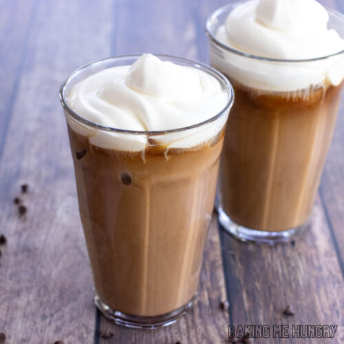 mocha iced coffee recipe in glasses with whipped cream