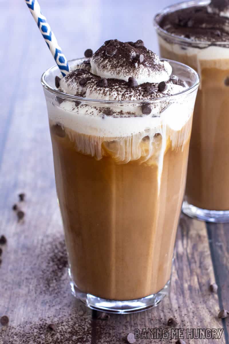 close up on a glass with the mocha iced coffee recipe