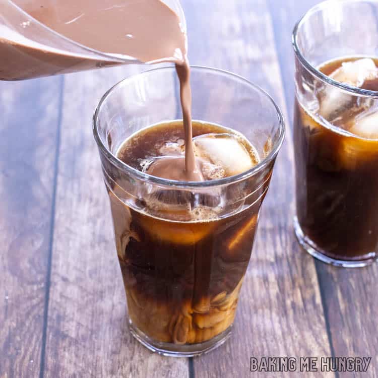 chocolate mixture being poured into glass