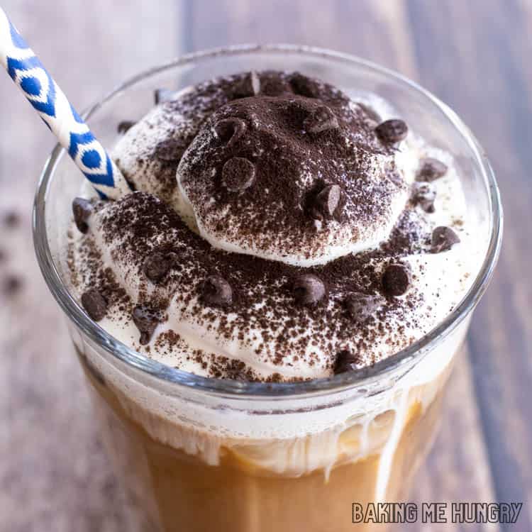 overhead shot of a glass of mocha iced coffee recipe