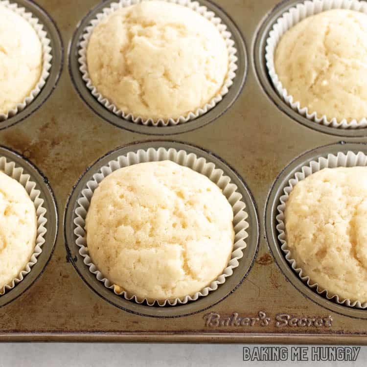 close up of baked vanilla muffins in pan