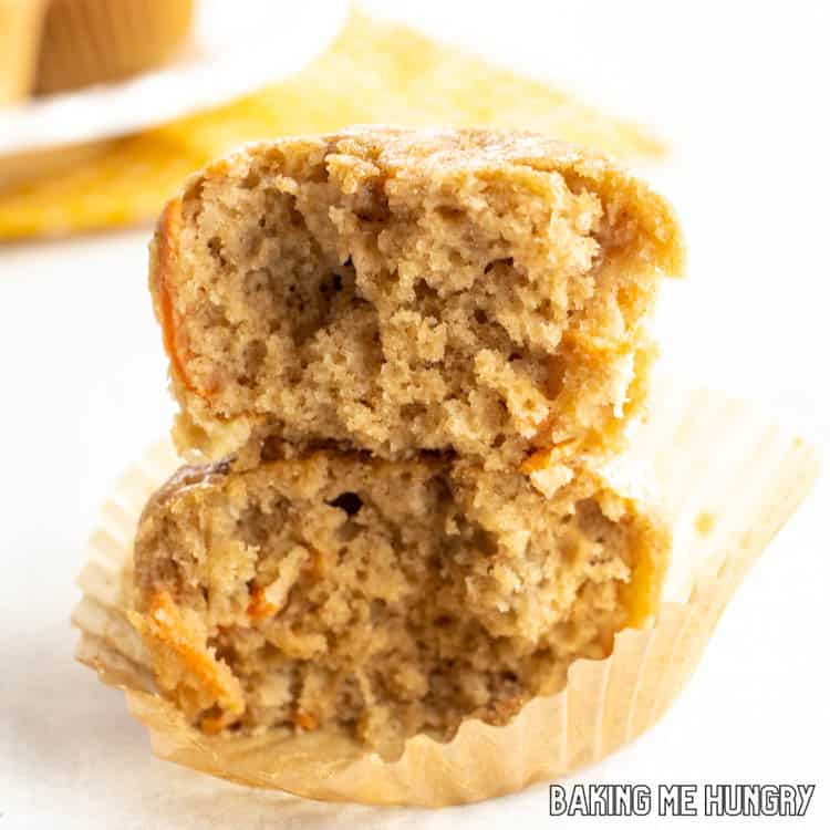 halved banana carrot muffins stacked