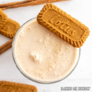 overhead shot of the biscoff milkshake topped with a lotus biscuit cookie