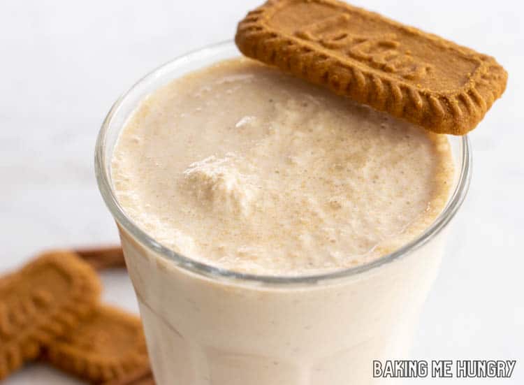 tall glass of biscoff milkshake