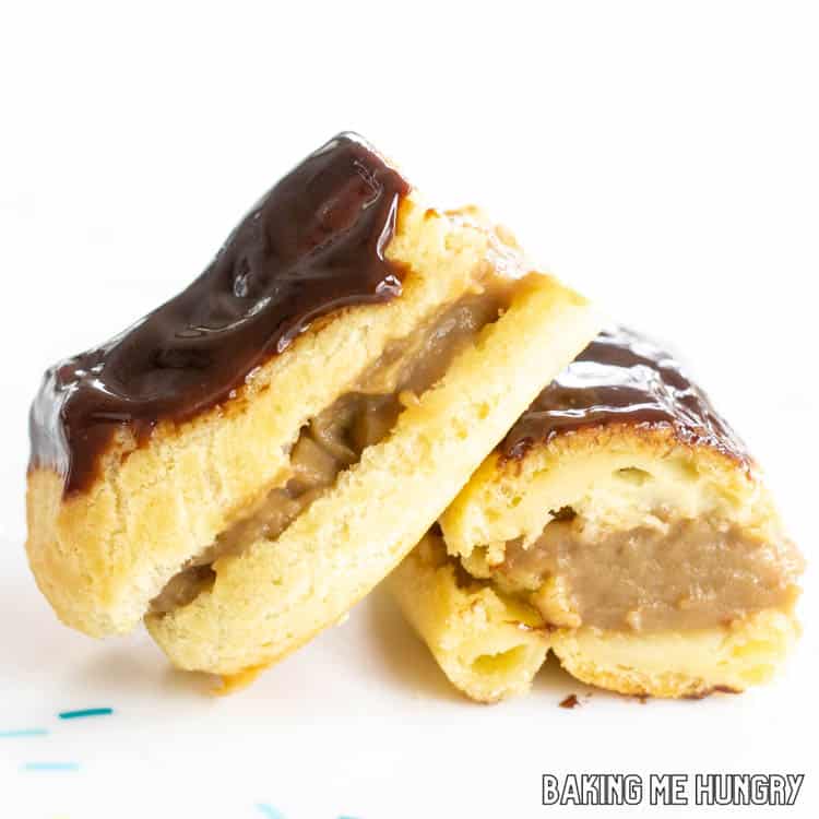 one of the coffee eclairs cut in half and stacked