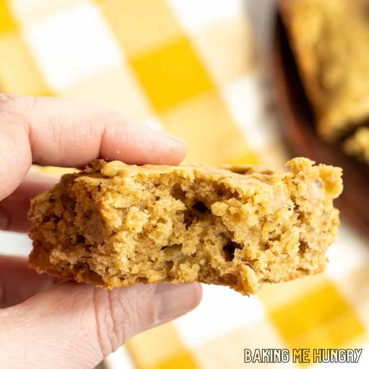 hand holding one of the peanut butter banana oatmeal bars