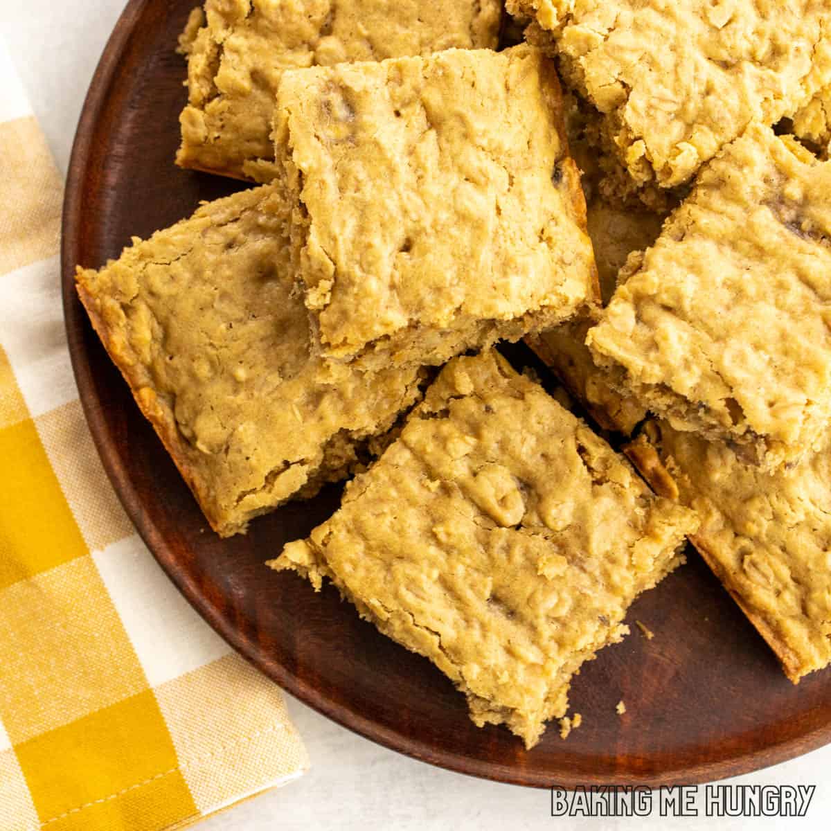 peanut butter banana oatmeal bars on plate seen from overhead