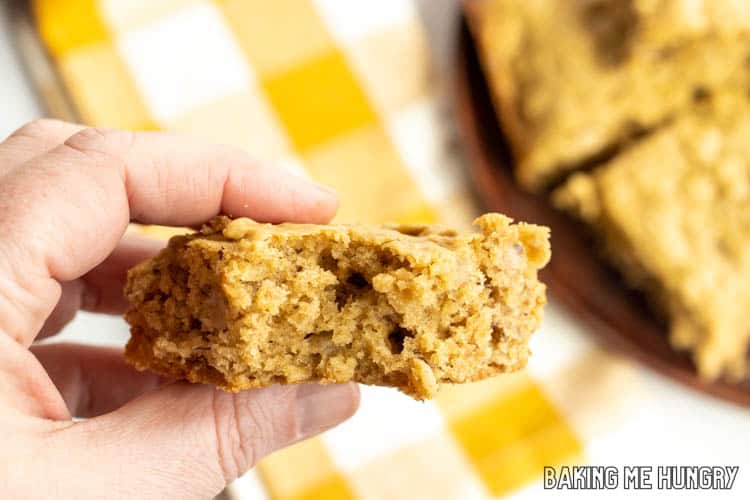 hand holding one of the peanut butter banana oatmeal bars