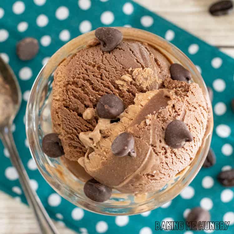 overhead shot of bowl with chocolate coffee ice cream