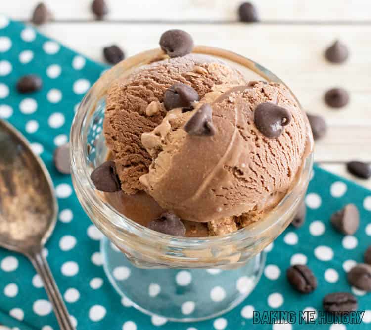 bowl of coffee chocolate ice cream topped with chocolate chips