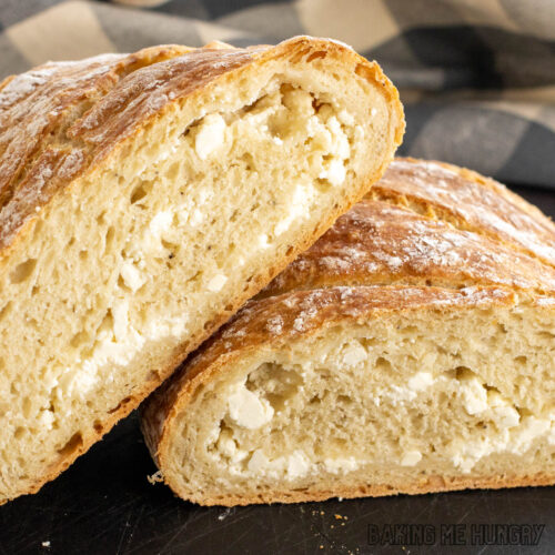 feta bread cut in half to show filling