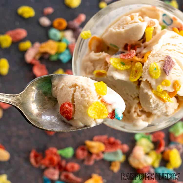 bite of fruity pebbles ice cream on spoon